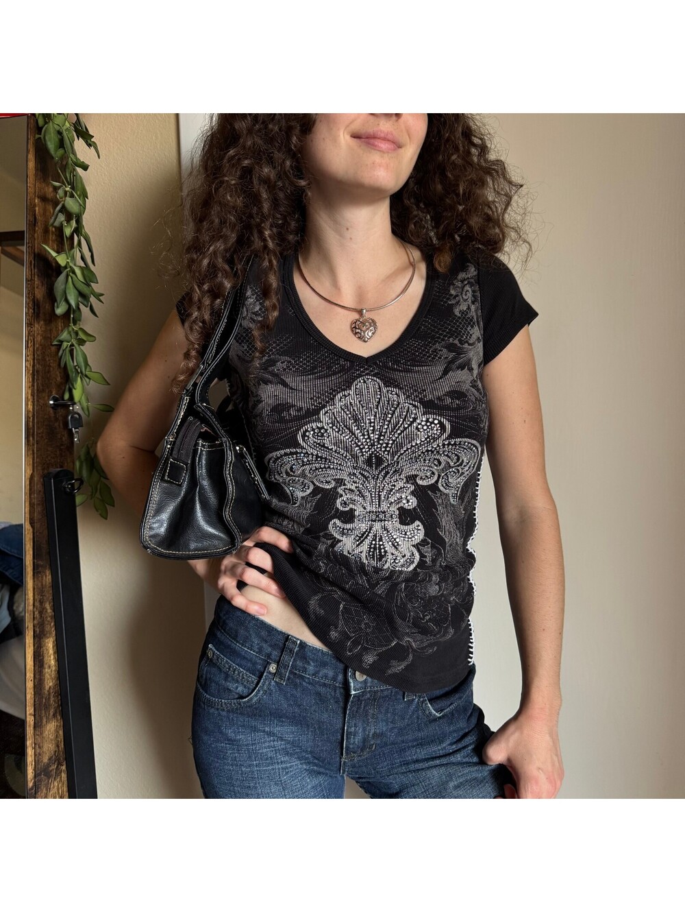 Vintage 2000s Vocal Black Goth Grunge Bedazzled Rhinestone Cross Baby Tee Top